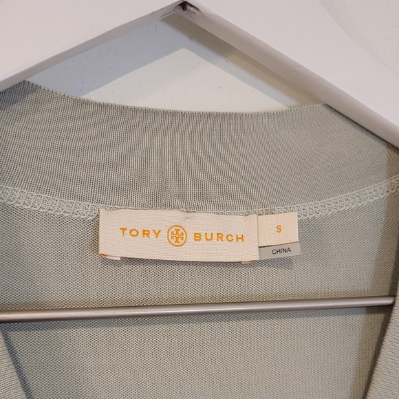 Tory Burch Simone Cardigan Sweater Green Ribbed Logo Gold Button Front Cotton - Picture 6 of 9